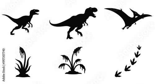 Prehistoric Dinosaurs Silhouette Icon Set featuring Dinosaur, Pterosaur, Raptor, Plants, and Birds in a Prehistoric Landscape Scene