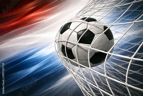 A soccer ball captured mid-air inside a net with dynamic background lighting effects