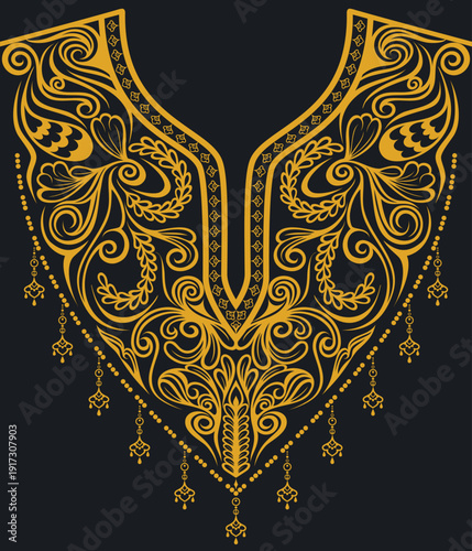 Luxury gold ornamental collar design on dark background. Suitable for embroidery production, garment decoration, textile printing, fashion apparel and industrial fabric applications.