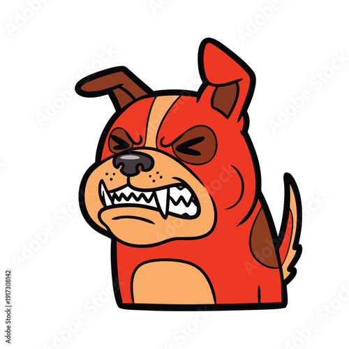 An aggressive red dog head illustration with an angry expression and sharp teeth, shown from the front view
