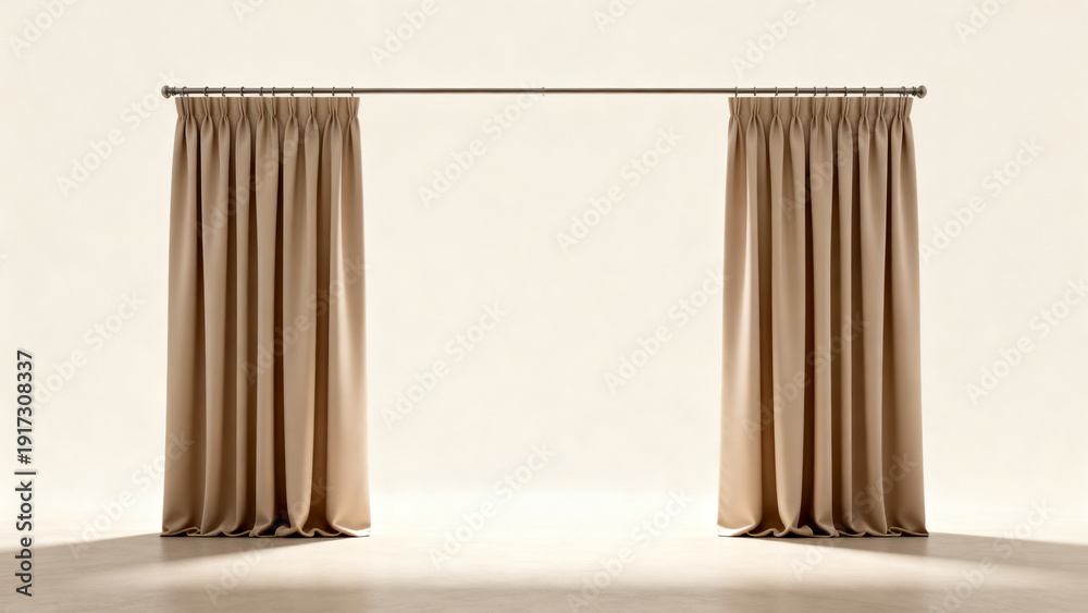 Fototapeta premium Elegant Floor Length Sand Beige Pleated Curtains Hanging on Minimalist Metal Rod