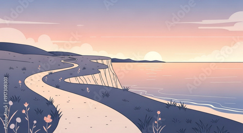 Serene coastal path with flowers at sunset peaceful landscape with ocean view and clear sky