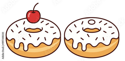 Cute hand drawn line art donut set featuring a cherry-topped donut and a plain sprinkle donut for sweet dessert concepts