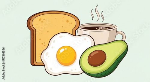 Delicious breakfast with toast fried egg avocado and steaming hot coffee on a light green background