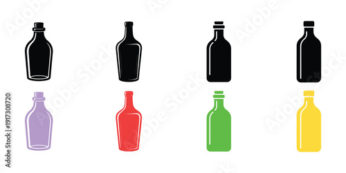 A collection of eight differently colored wine bottles on a white background