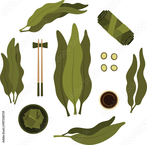 Seaweed and Nori Sheets with Soy Sauce Bowl Chopsticks and Wasabi Japanese Cuisine Vector Illustration Set for Sushi Menu and Asian Food Design.