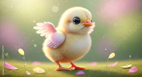 Yellow Chick Hatching from Egg on Green Grass with Pink Flowers