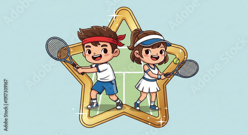 Cartoon Boy and Girl Tennis Players in Star Frame on Blue Background