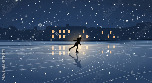 Person ice skating alone on frozen pond at night with snowfall and warm house lights in background