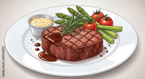 Grilled steak with roasted vegetables and sauce on a plate gourmet food illustration