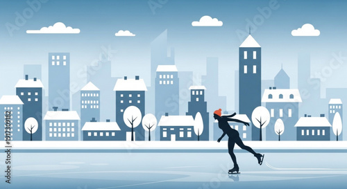 Person ice skating on frozen pond in front of snowy city skyline with tall buildings and trees