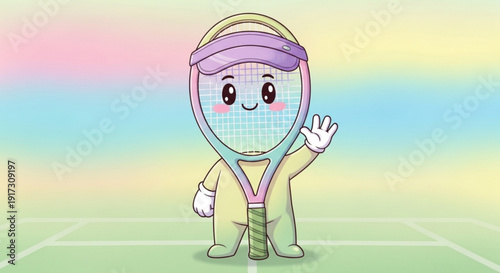 Cartoon Tennis Player Waving on Court with Rainbow Background