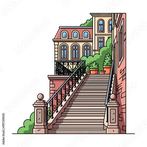 Staircase leads to a multi-story building with ornate railings and lush greenery surrounding the entrance
