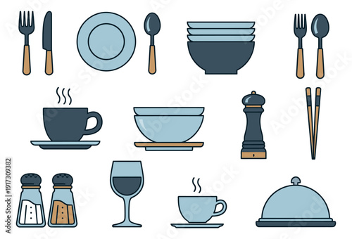 Minimalist line art kitchen and dining set featuring cutlery, dishes, condiment shakers, and beverage ware for restaurant and cafe menus