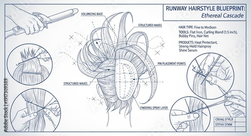 Runway Hairstyle Blueprint Design Sketch.