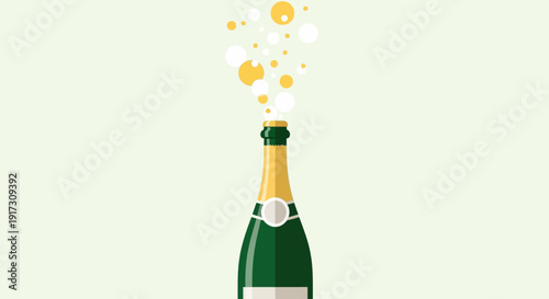 Festive celebration with popping champagne bottle against a light background design