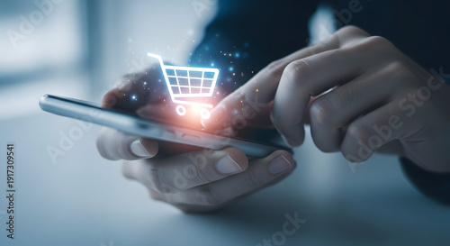 Person holding smartphone with shopping cart icon