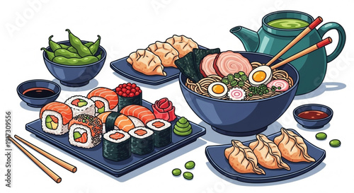 Japanese cuisine with sushi rolls ramen bowl and dumplings on plates with chopsticks and green tea