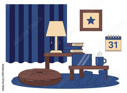 Modern line art home comfort elements set featuring a lamp, books, tablet, mug, cushion, and socks for a relaxing evening