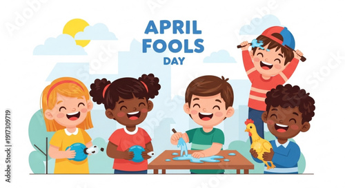 Diverse children celebrating april fools' day with pranks and laughter around a table