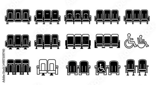 Row of waiting room seats and wheelchair icon.