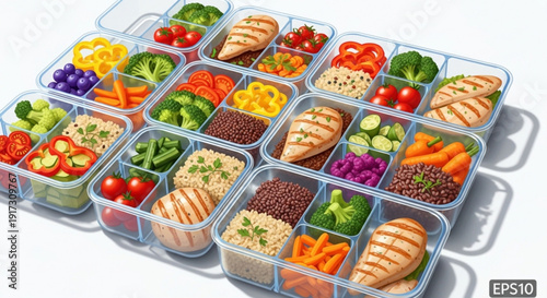 Variety of healthy meal prep containers with vegetables fruits and proteins on white background