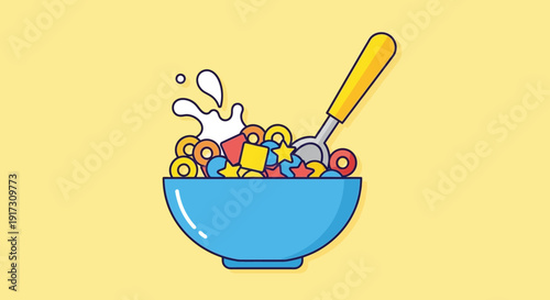 Colorful cereal bowl with milk splash and spoon a playful breakfast illustration