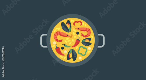 Delicious paella illustration with seafood ingredients and vibrant colors in a pan