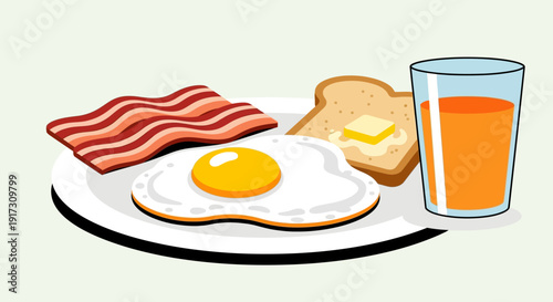 Classic breakfast illustration featuring bacon, egg, toast and a glass of orange juice