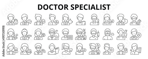 30 Doctor Specialist Line Icons Vector - Cardiologist, Neurologist, Dermatologist, Pediatrician, Surgeon, Radiologist, Dentist