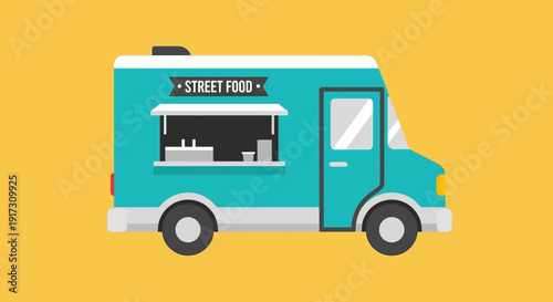 Illustration of a vibrant blue street food truck against a bright yellow backdrop