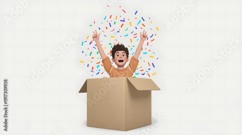 illustration of a happy boy popping out of a cardboard box with colorful confetti, expressing excitement and celebration on a clean background.