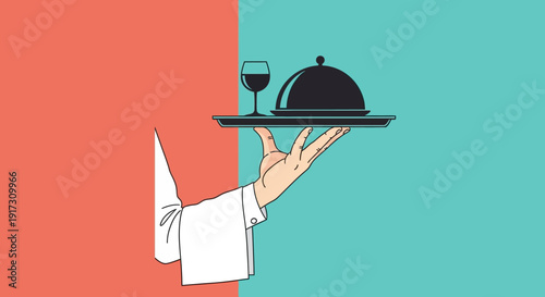 Elegant illustration of a waiter's hand holding a tray with a wine glass and food dome