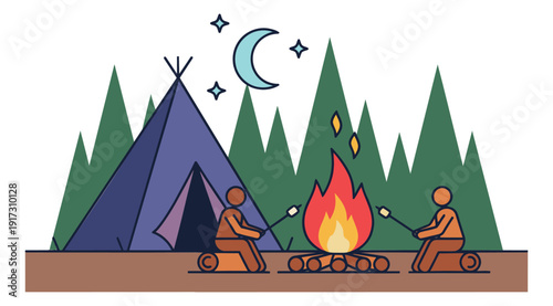 Minimalist line art illustration of a night camping scene depicting two people roasting marshmallows by a campfire for outdoor adventures and recreation