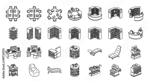 Collection of Hand Drawn Office Furniture and Equipment Icons.