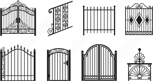 Ornamental Iron Gates and Fences Silhouette Collection, Decorative Wrought Iron Railings Stair Balusters Garden Entrance Designs, Black Vector Set Illustration, Isolated on White