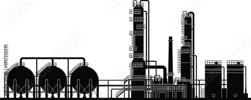 Petrochemical Refinery Silhouette, Industrial Oil Gas Processing Plant with Spherical Tanks Distillation Columns Towers Pipes, Energy Facility Vector Illustration, Black Outline Isolated