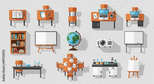 Collection of School and Office Furniture and Equipment Icons.