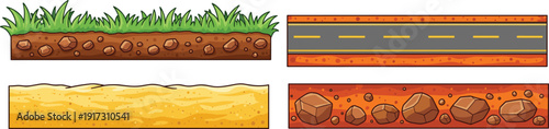 Terrain illustration set, grassy ground design, paved road artwork, sandy desert motif, rocky soil vector collection for environment, landscape, and game themes