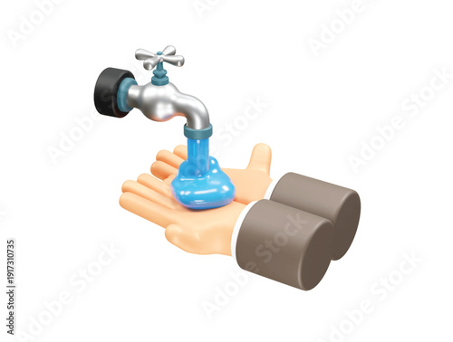Hands Cupping Water from a Faucet for Conservation icon illustration 3d render