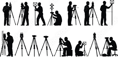 Surveyors Silhouette Collection, Land Surveying Engineers with Total Station Theodolite Prism GPS, Construction Site Measurement Crew Vector Set, Black Outline Isolated