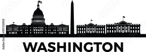  Washington D.C. Skyline Silhouette: Iconic United States Capitol, Washington Monument, and White House Landmark Vector Illustration for American History and Government Concepts