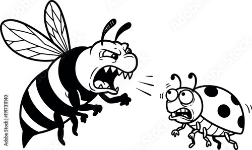 Angry Bee and Scared Ladybug Cartoon Characters in Black and White Illustration