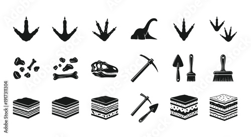Prehistoric Dinosaurs Silhouette Icon Set Featuring Archaeological Tools and Fossil Discoveries