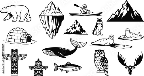 Arctic wildlife and nature icons set, polar animals mountains kayak igloo illustrations, northern adventure vector collection isolated white