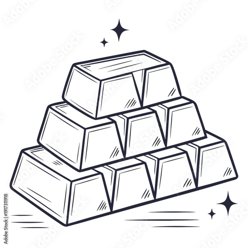 Stacked gold bars with black outline and sparkles precious metal