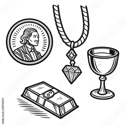 Black and white of coin necklace diamond pendant goblet gold bar