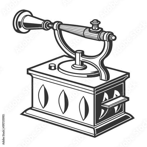 Vintage gramophone with horn and handle antique music