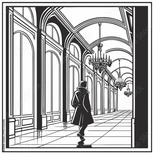 Black and white of a man walking down a hallway with arches and chandeliers