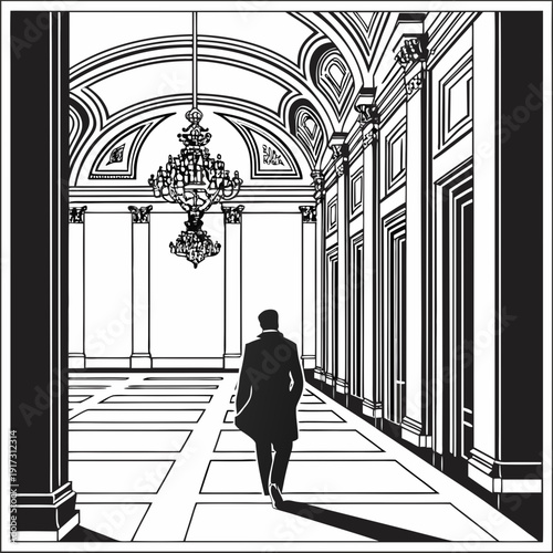Black and white of a man walking down a hallway with columns and chandeliers